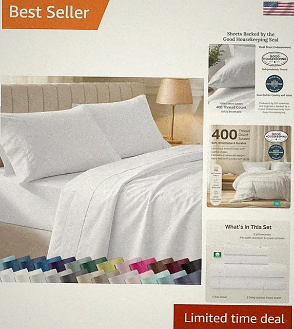 Queen Bed Sheet Set - 100% Long Staple Cotton, 400 Thread Count, White